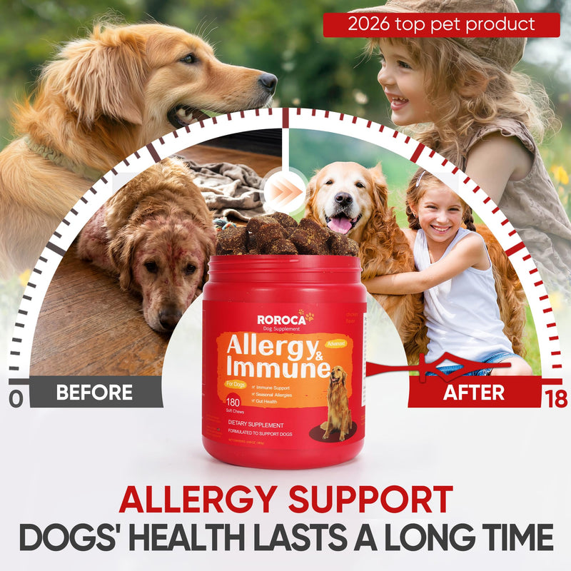Dog Allergy Relief Chews – Anti Itch & Skin Support for Dogs, Stops Scratching, Paw Licking & Hot Spots, Probiotics for Gut & Immune Health, Chicken Flavor, 180 Soft Chews Light Brown