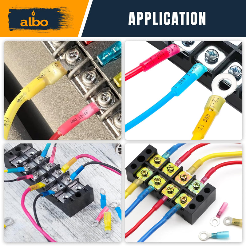 ALBO 500PCS Heat Shrink Ring Terminal Kit – Wire Terminal Connectors Assortment for 22-10 AWG, Waterproof Electrical Connectors Set – Tinned Copper Electrical Ring Terminals Set AWG 22-10 500 pcs