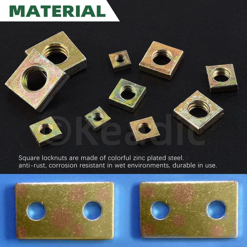 Keadic 90Pcs Yellow Zinc-Plated Square Nuts Assortment Kit, M3x5.5mmx2mm, M4x7mmx2mm, M5x8mmx3mm, M6x10mmx3mm, M8x13mmx4mm Coarse Thread Nut for Furniture, Electrical Appliances Zinc-Plated (Yellow)