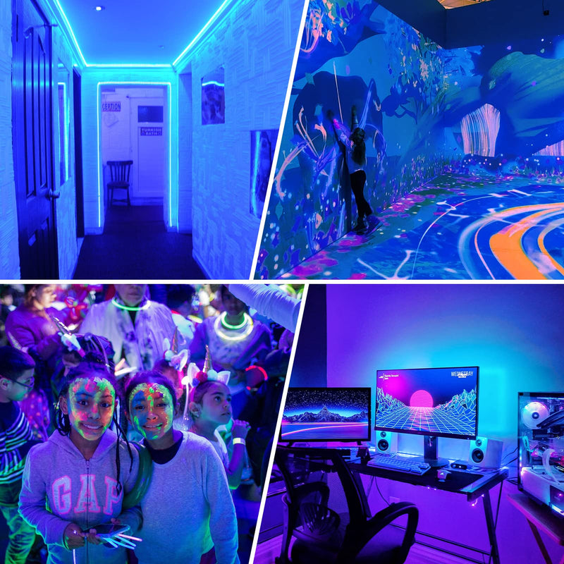 YGS-Tech 16.4FT UV Black Light LED Strip, 3528 385nm-400nm USB UV Light Strip, Non-Waterproof Blacklight Strip with Battery Box, for Fluorescent Dance Party Body Paint(2 Pack) Black Lights Strip