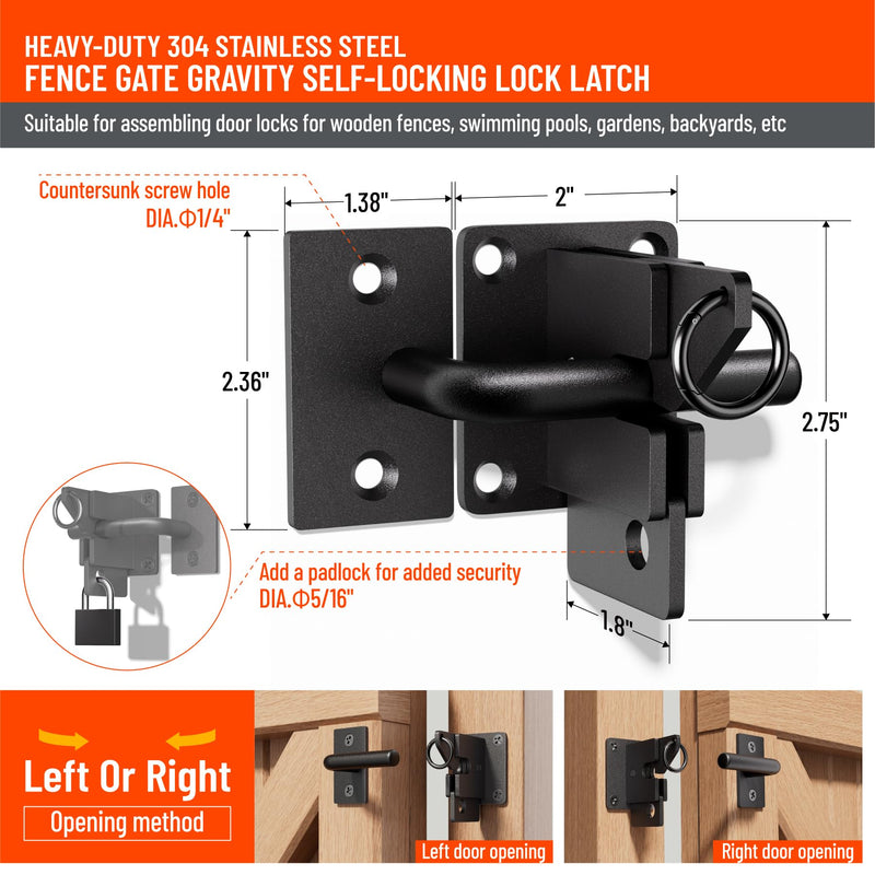 Heavy Duty Self Locking Fence Gate Lock Latch Stainless Steel, Wooden Post Mount Gate Door Latch Matte Black 1Pack