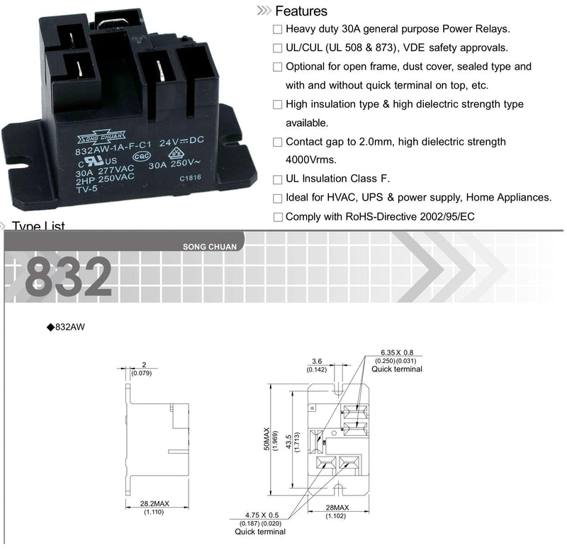 Song Chuan 832AW-1A-F-C1, 24VDC Relay, 240 VAC, 30A General Purpose Relay (Pack of 2)
