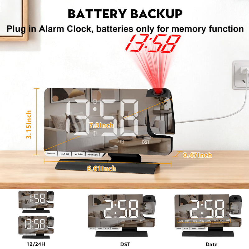 SZELAM Digital Clock,Alarm Clock Bedside with Projection,7.3" Mirror Clock with 180°Rotating Projector,Dual Alarm with 3 Mode,Brightnee Adjust,DST,Snooze,Charging Port,5 Levels Volume for Desk Teens Black