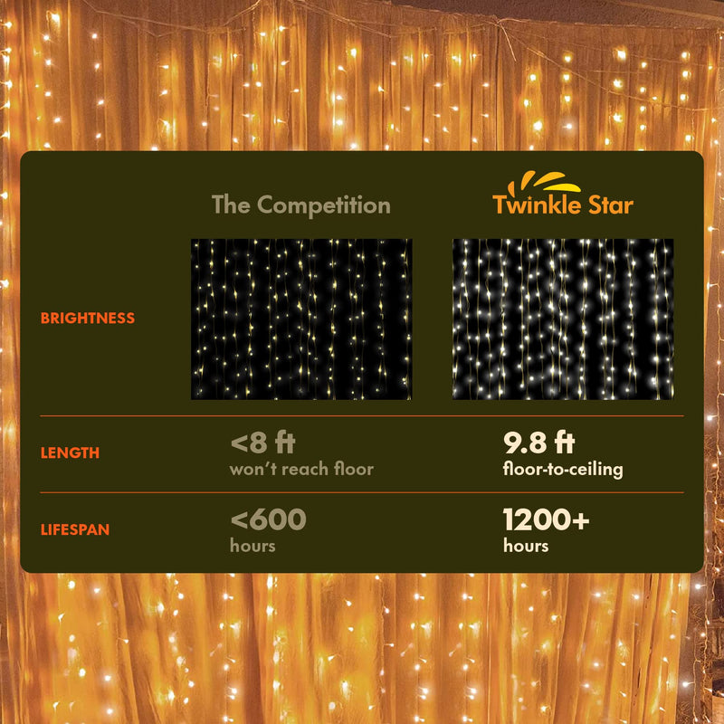Twinkle Star 300 LED Curtain String Lights, 8 Modes Plug in Fairy Lights for Bedroom,Wedding,Party,Birthday, Hanging Twinkle Light for Indoor Outdoor Wall Window Backdrop Decoration, Warm White *Warm white