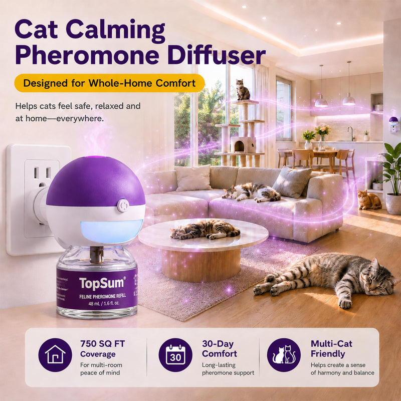 TopSum Cat Calming Pheromone Diffuser: Feline Pheromones Plug in for Stress, Alone At Home, Spraying, Fighting, Scratching, Aggression & Excessive Meowing (Purple– 2 Diffusers+2 Refills) Purple– 2 Diffusers+2 Refills