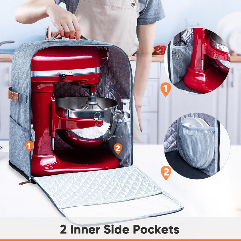 BAGSPRITE Stand Mixer Cover with Appliance Sliders Base Compatible with KitchenAid Mixer-Storage Bag for 6/7/8 Quart with Pockets for Kitchen Aid Accessories and Attachments Grey Fit for 6 - 8 Quart