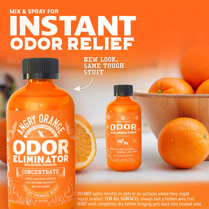 Angry Orange Pet Odor Eliminator for Home - 8oz Dog and Cat Pee Smell Remover for Carpet, Grass, Tile and Furniture - Citrus Concentrate, Makes 128oz of Liquid Fresh Orange Scent