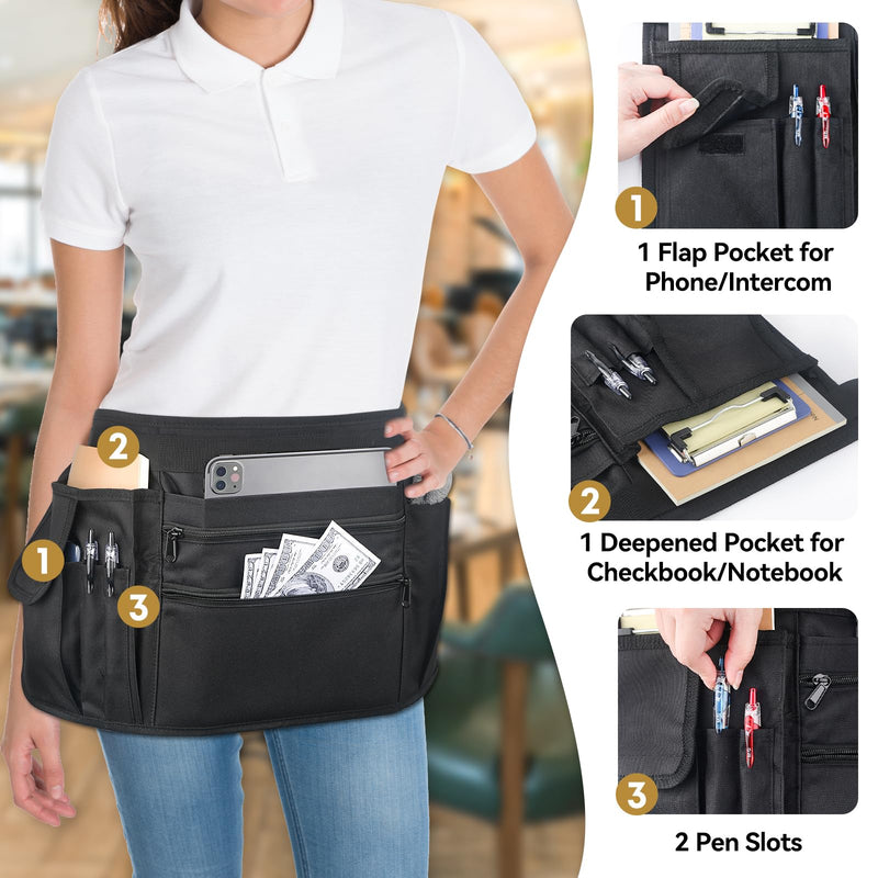 Waitress Apron Server Apron with 7 Pockets, Black Half Apron with Zippers & Adjustable Belt,Waist Apron for Restaurant, Kitchen