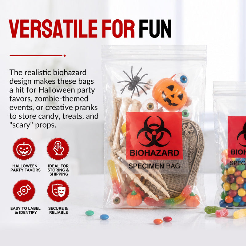 Biohazard Specimen Bags 6x9, Lab Sample Bags with Outer Pouch, 500-Pack | Reclosable seal bag with red biohazard logo. Features outside pocket for paperwork. Ideal for lab sample storage. 500 PCS