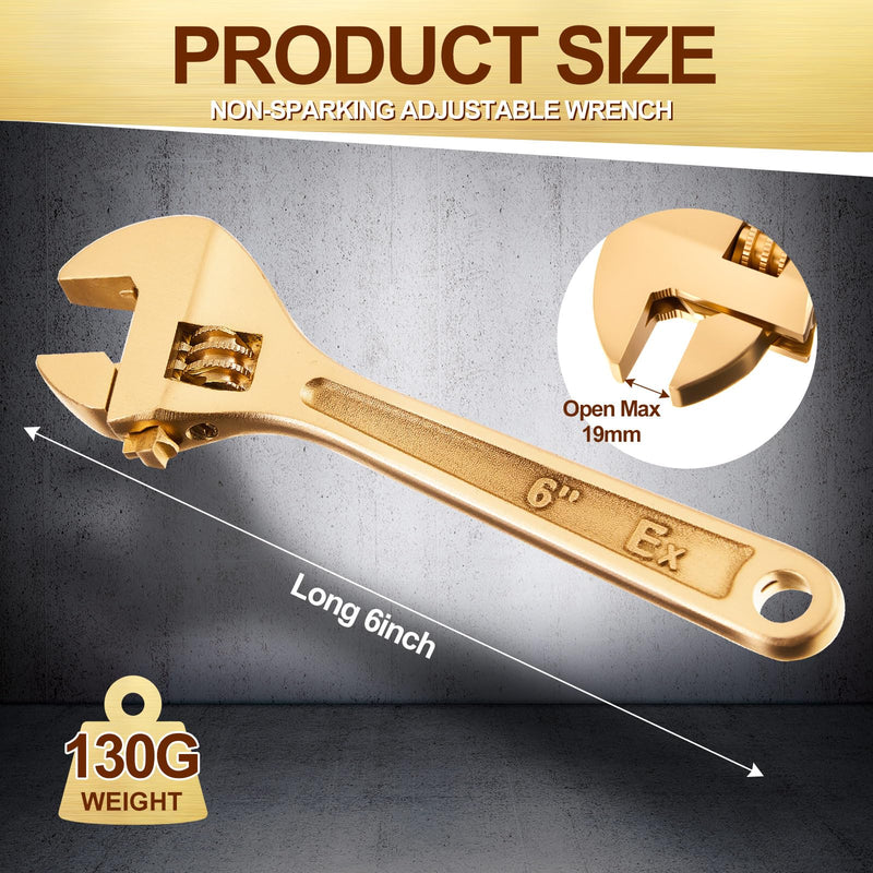 Hicarer 6 Inch Non-Sparking Adjustable Wrench, Aluminum Bronze Spark-Free & Non-Magnetic Spanner Tool, Industrial Safety Tool for Oil & Gas, Chemical & Hazardous Environments 6 Inch/ Open Max 19mm
