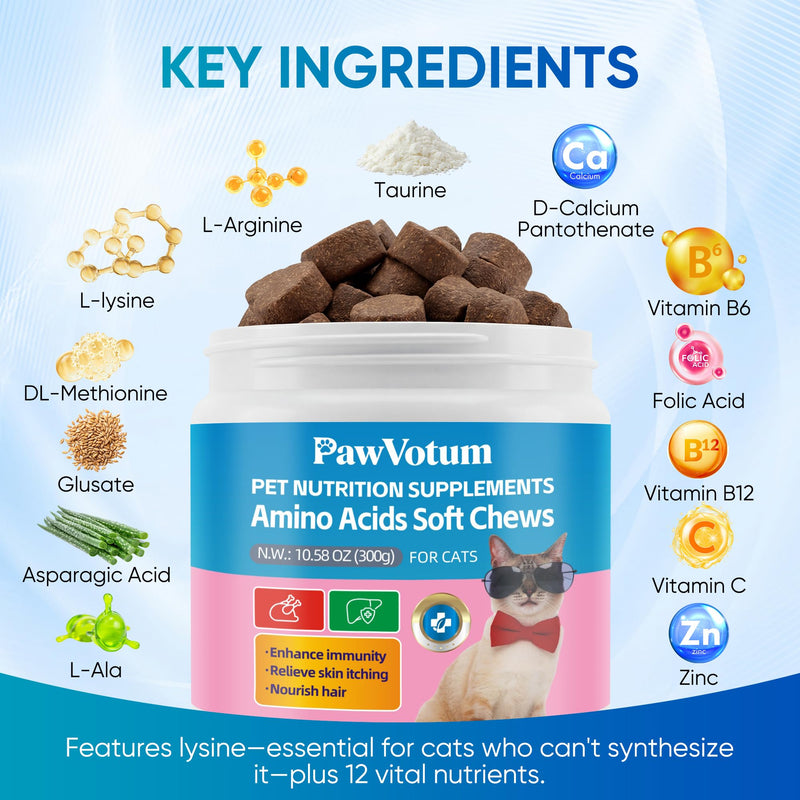 Cat Multivitamin Amino Acids Chews, Pet Vitamins and Supplements Contains Lysine, DL-Methionine and Taurine, Supports Immune and Liver Health, Improves Skin Condition, Maintains Eye Function