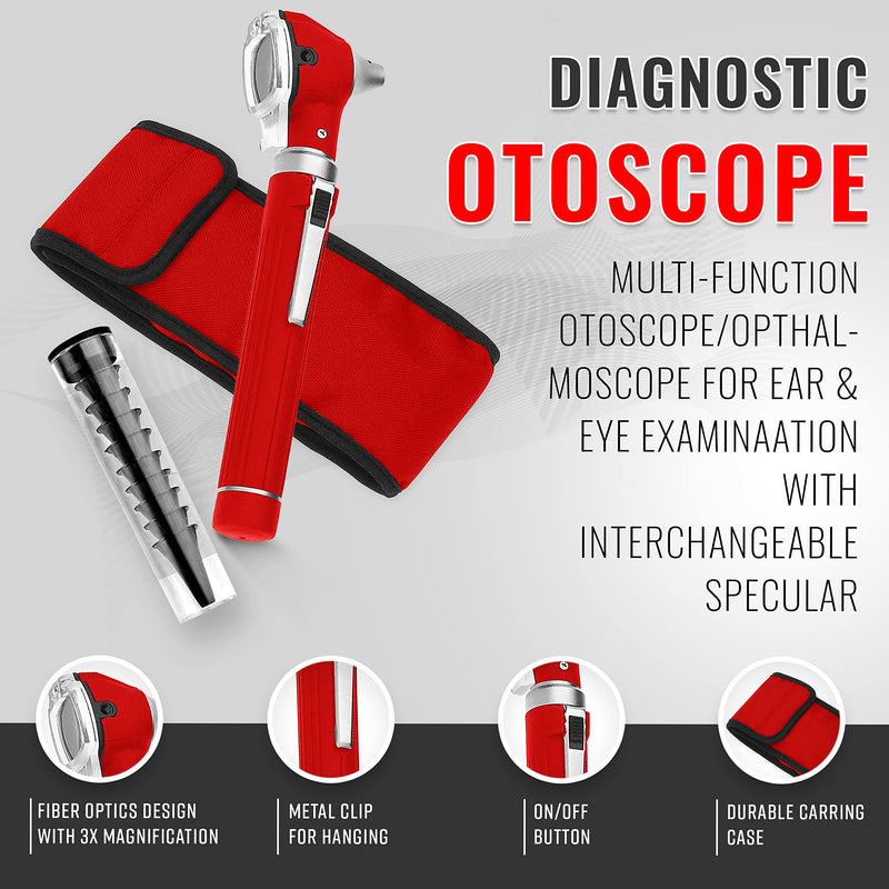 SURGICAL ONLINE Fiber Optic Mini Otoscope Rainbow Many Colors - Pocket Otoscope with Case ENT Diagnostic Set w/Extra Bulb Included (Red)