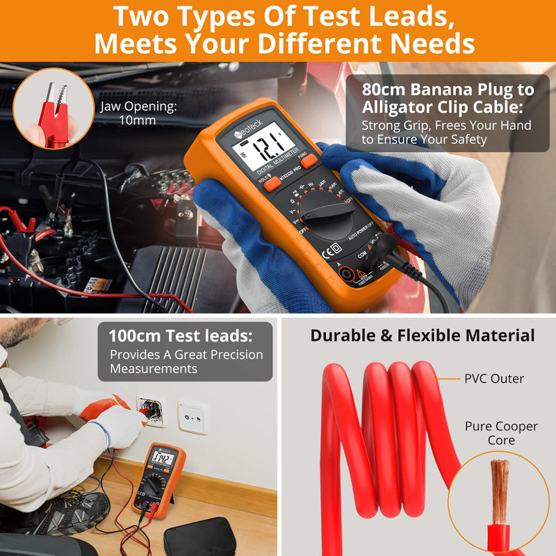 Neoteck Auto Ranging Digital Multimeter AC/DC Voltage Current Ohm Capacitance Frequency Diode Transistor Audible Continuity, Multi Tester with Backlit LCD Orange