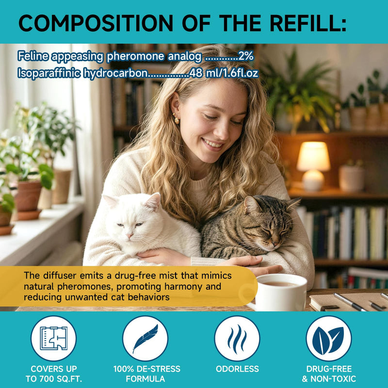 3-in-1 Cat Calming Diffuser, Cat Pheromones Calming Diffuser for Cat Anxiety Relief, Cat Pheromone Diffuser with 1 Diffuser + 2 Refills 48ml Vial, 60 Days Pheromone Diffuser to Calm Cats & Multi-cat 1 Diffuser, 2 Refills