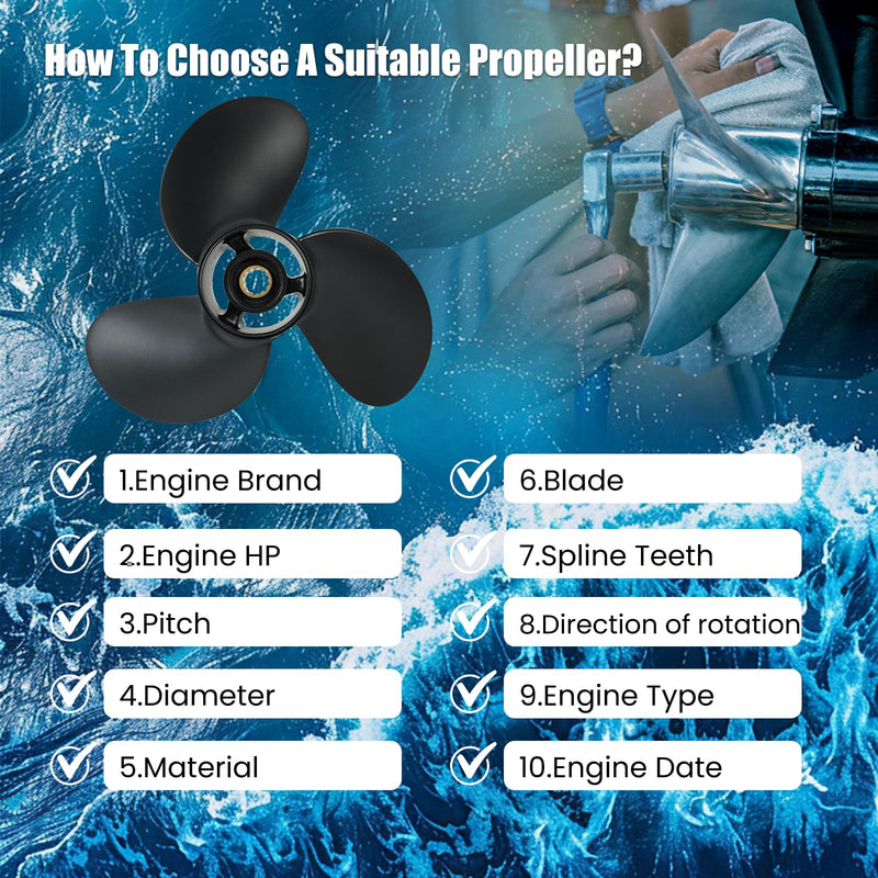 Upgrade OEM Aluminum Boat Outboard Propeller for Tohatsu Engines 8-9.8 HP,12 Spline Tooth,8.5x7.5 8.5x9 8.5x9.5 8.9x8.5,RH