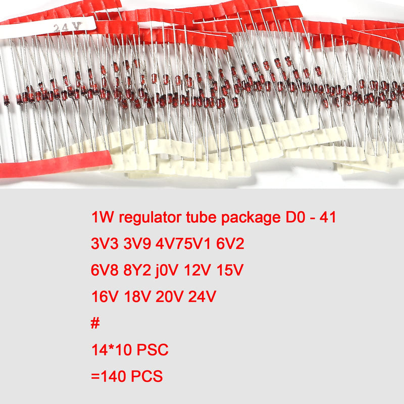 14 Value 140pcs 1W Zener Diodes Assortment Kit 3.3V 3.9V 4.7V 5.1V 6.2V 6.8V 8.2V 10V 12V 15V 16V 18V 20V 24V