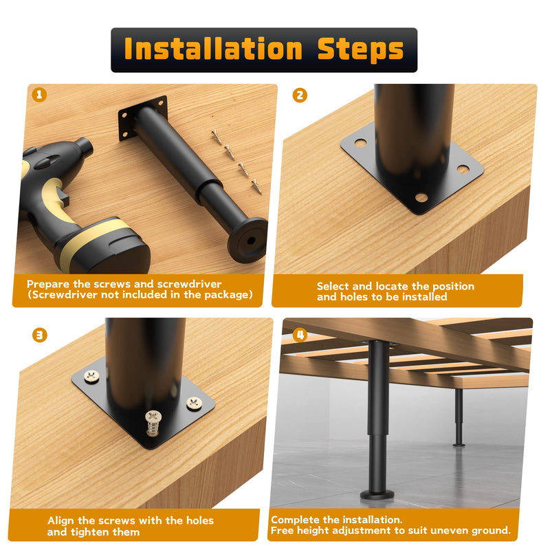 6 Pcs Adjustable Height Bed Support Legs for Bed Frame/Bed Center Slat, Metal Adjustable Furniture Legs 7.08-12.2 inch for Bed/Sofa/Cabinet/Couch/Dresser/Table, Heavy Bed Replacement Legs 7.08-12.2 inch (6pcs)