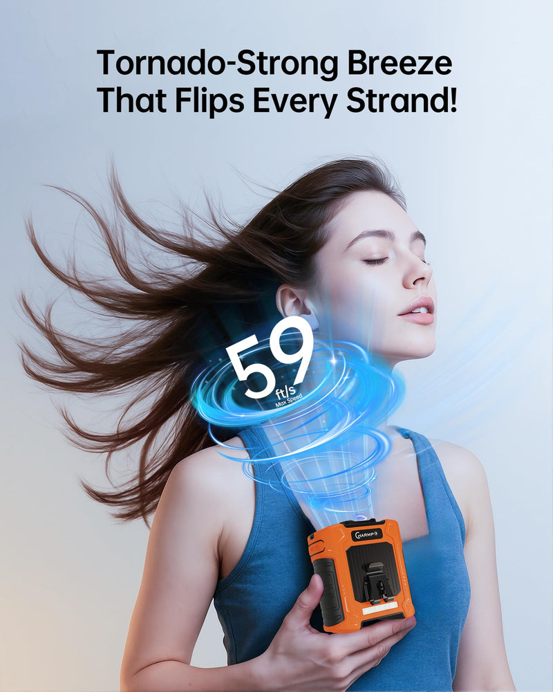 Waist Fan, 10000mAh Rechargeable Personal Fan, 8-in-1 Cooling Device, Up to 35H, 6 Speeds, 18500RPM, 59ft/s Strong Airflow, LED SOS & Red-Blue Warning Light, Hands-Free Belt Fan for Jobsite, Outdoor Orange
