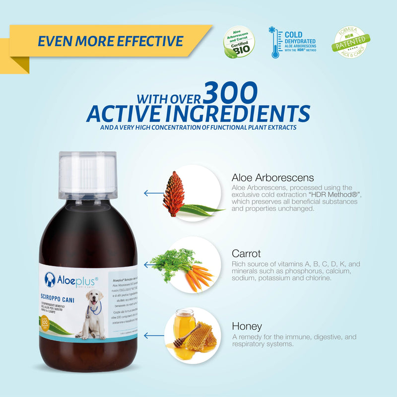 Dog Syrup 150ml - Complementary Energy and detoxifying Food Based on Organic Aloe Arborescens, Strengthens Natural defenses, Ideal as a Tonic for Senior Dogs and Puppies.