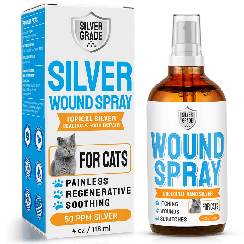 SILVER GRADE Cat Wound Care Spray with Silver – Wounds, Rashes, Hot Spots, Itch, Scratching, Irritation, Bites & Burns – Use a Cat Cone to Prevent Licking – Safe Formula – 4 Oz