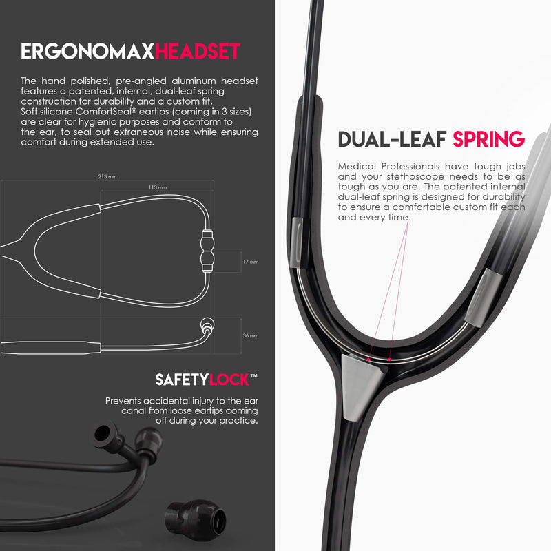 MDF Instruments, Acoustica Lightweight Stethoscope for Doctors, Nurses, Students, Home Health Use, Adult, Dual Head, Black Tube, Black Chestpiece-Headset, MDF747XPBO All Black
