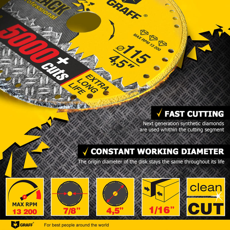 GRAFF Black Cut Off Wheels 4 1/2 Inch - Diamond Metal Cutting Disc for Angle Grinder 4.5 Inch - 60x Longer Wheel Life Ø 115 mm (4 ½ Inch) - GRAFF Black