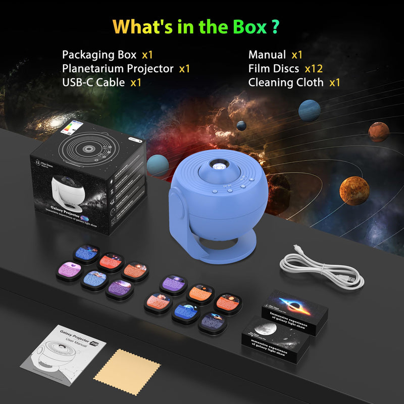 Galaxy Projector for Bedroom Pro Version, Upgraded Film Disc Star Projector for Kid 12 in 1 Planetarium Projector HD Image Adjustable Knob 360° Rotating 1/2h Timer Simple 4-Button Control Blue