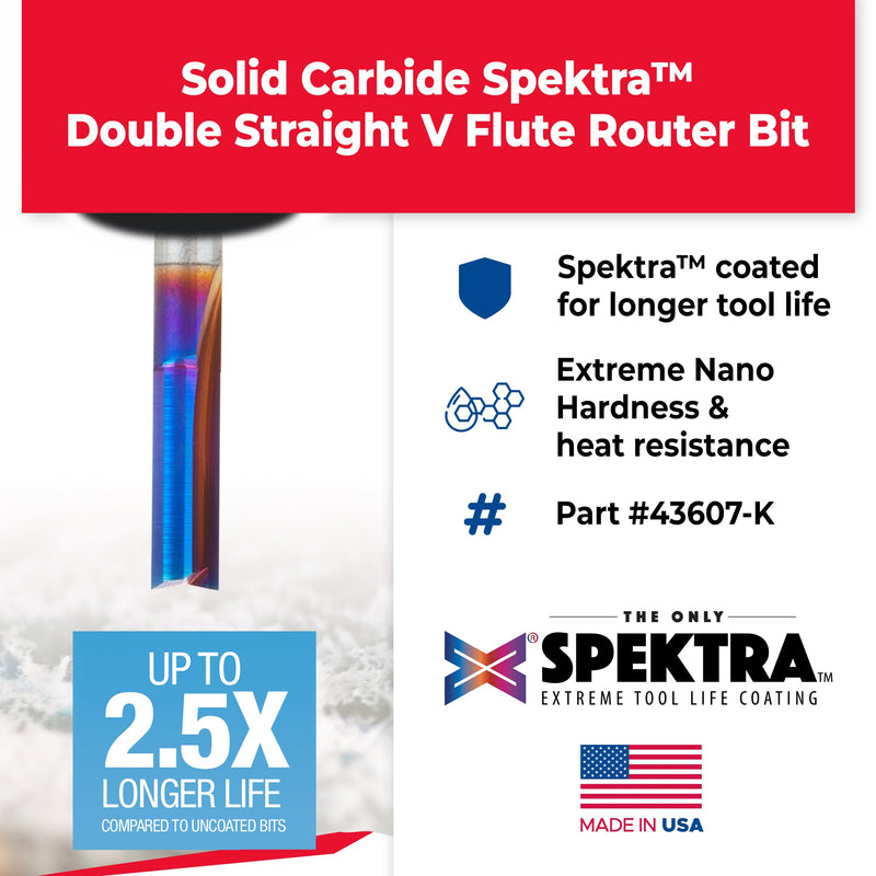 Amana Tool 43607-K Spektra Extreme Tool Life Coated Solid Carbide V-Flute Plastic Cutting Router Bit 1/4 D x 3/4 CH x 1/4 Shank x 2 Inch Long 1/4 D x 3/4 CH x 1/4 SHK x 2 Inch