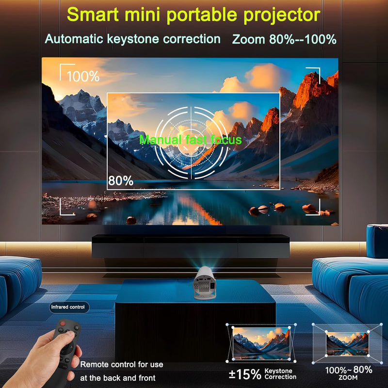 HY300 Projector with WIFI6 and Bluetooth, 4K 1080P Support with Android TV 11.0, Mini Portable Projector 180° Rotatable Movie Projector ,Auto Keystone Compatible for Laptop, PC, Smartphone White