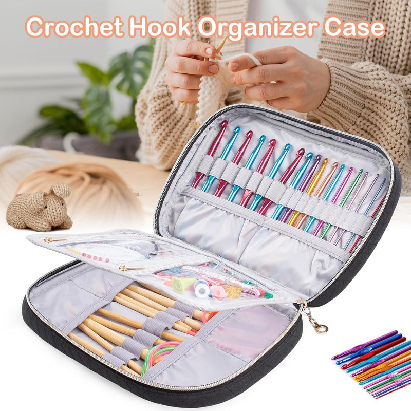 YARWO Crochet Hook Case, Travel Organizer Bag for Crochet Hooks, Aluminum Crochet Hooks, and Crochet Supplies, Black (Bag Only)
