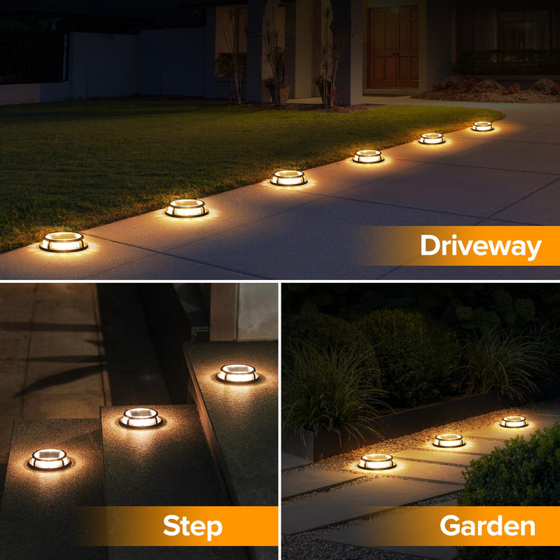 LUTEC 4 Pack Solar Driveway Lights, 12 LEDs IP67 Waterproof Outdoor Solar Dock Driveway Marker Lights for Step, Sidewalk, Pathway, Patio, Garden(Warm White) Black