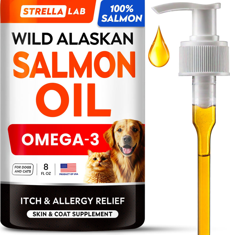 StrellaLab Wild Alaskan Salmon Oil for Dogs - Natural Omega 3 for Dogs & Cats, Itch & Allergy Relief, Skin & Coat Support - Fish Oil Liquid, EPA+DHA Fatty Acids for Hip&Joint, Immune&Heart Health 8 Oz 8 fl oz
