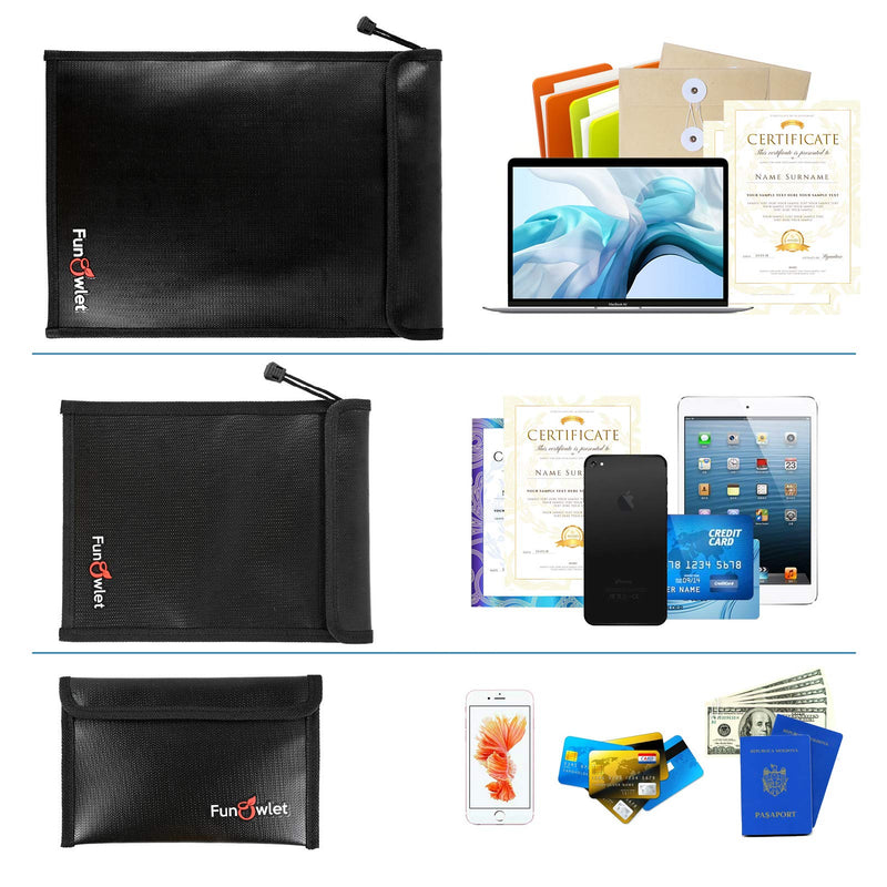 FunOwlet Fireproof Waterproof Document Bag – 3 Pack Fire and Water Resistant Zipper Storage Organizer & Money Safe Pouch Set for Important Papers, Cash, Passports, Jewelry & Electronics (Black) Black
