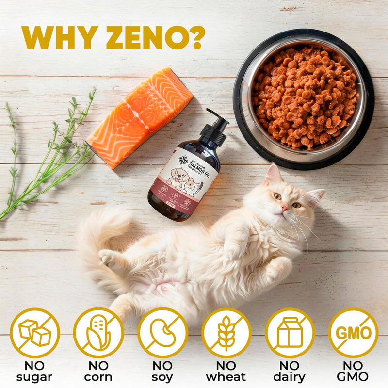 ZENO Wild Alaskan Salmon Oil for Dogs & Cats - Pure Fish Oil for Dogs with Omega 3, EPA & DHA Supplements for Skin & Coat, Joint and Brain Support, Heart & Immune System - 8.5 oz