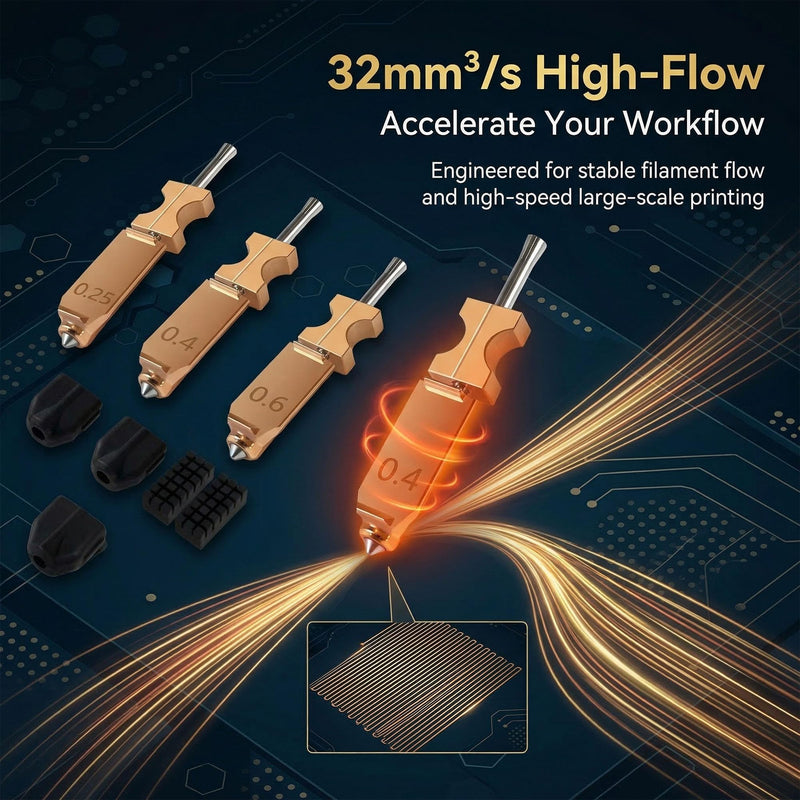 Upgraded AD5X Nozzle Kit, 0.25/0.4/0.6/0.8mm High Flow 32mm³/s Hotend for AD5X, 300℃ High Temp All-Metal Quick-Detachable Extruder Parts (4 Nozzles, 4 Silicone Covers)