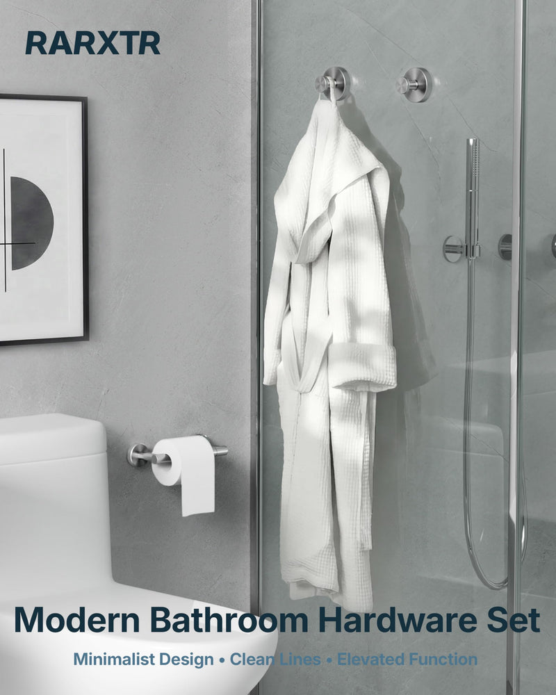 RARXTR 3PCS Bathroom Hardware Set, Brushed Nickel Wall Mounted Toilet Paper Holder, 2 Suction Cup Towel Hooks, Bathroom Accessories SUS 304 Stainless Steel, Rust-Proof, Modern