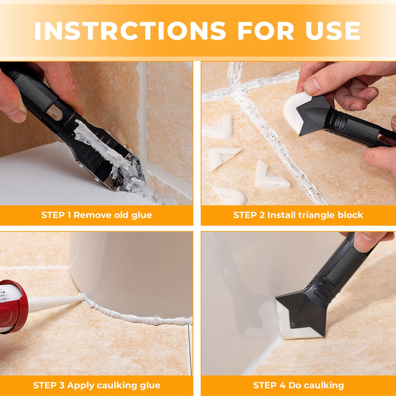 Saker Silicone Caulking Tools-3 in 1 Sealant Finishing Tool Grout Remove Scraper (Stainless Steelhead),Caulk Remover Glass Glue Angle Scraper for Bathroom,Kitchen,Floor,Window,Sink Joint,Frames Seal Black