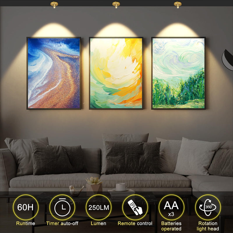 2Pack Battery Spotlight with Remote Gold, Wireless Led Picture Lights Painting Light for Wall Art,Uplight Puck Lights for Plants Indoor Art Display Light, Ceiling Spot Light Accent Light