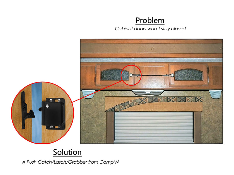 Camp'N 4 Pack RV Cabinet Door Latch - Easy to Install OEM RV Drawer Latches and Catches - Push Latch and Catch for Cabinets in Trailers and Motorhomes 4 Sets