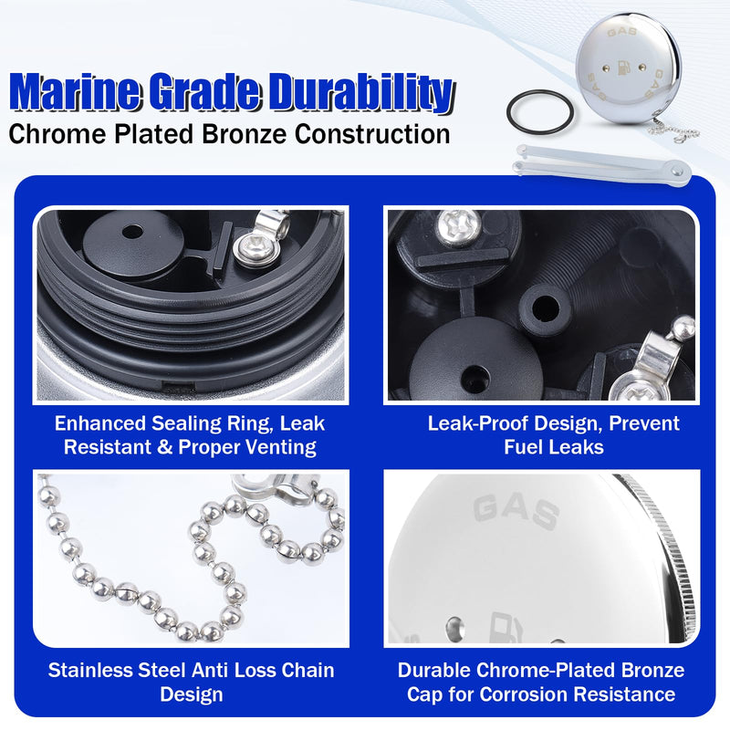 0540DPG99A Boat Gas Cap, Marine Fuel Cap for Perko 1-1/2" Angled Neck Vented Fuel Fills, Chrome Plated Bronze with Chain, O-Ring & Wrench