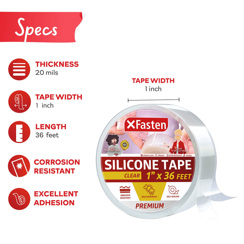 XFasten Self Fusing Silicone Tape for Plumbing Clear 1" X 36-Foot Non-Adhesive Leak Seal Tape Waterproof, Silicone Grip Tape, Rubber Tape Thick for Pipe, Hose Repair Tape, Stop Leak Tape 1-Inch x 36-Feet