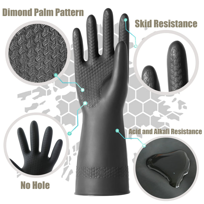 Chemical Resistant Latex Gloves,Cleaning Protective Safety Work Heavy Duty Rubber Gloves, S-M-L-XL Size, Black 1 Pair L/12.6''