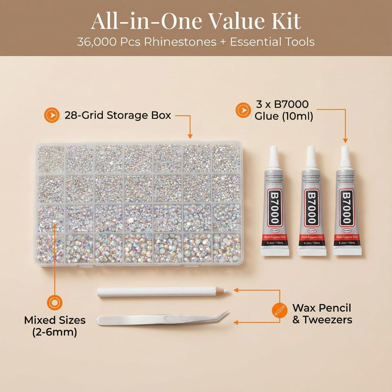 36000Pcs White AB Rhinestones for Bedazzling Crafting, Gems Jelly White Diamond Crystal Bedazzle Kit, Resin Flatback Rhine Stone Jewel Flat Back 2-6MM and b 7000 Glue for Crafts Clothing Clothes Shoes Large Pack + 3Pcs Glue Jelly white AB 2-6mm