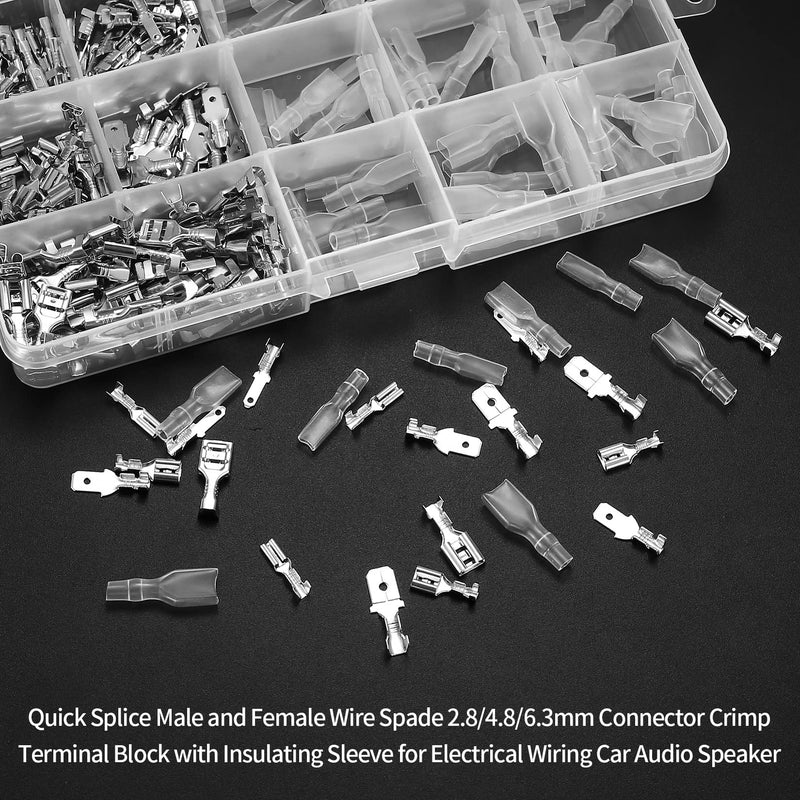 360 Pcs 2.8/4.8/6.3mm Male and Female Wire Spade Connectors, Quick Splice Electrical Wire Crimp Terminal Block Connectors with Insulating Sleeve Kit for Car Audio Speaker Electrical Wiring