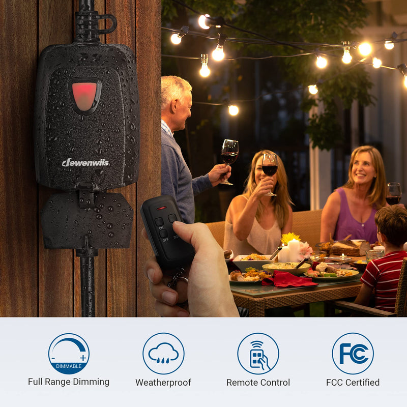 DEWENWILS Outdoor Dimmer for String Lights, Remote Dimmer Switch, Weatherproof Dimmer Plug, 100FT Range, Compatible with Dimmable LED/Tungsten Bulbs, FCC Certified 1 remote 1 outlet