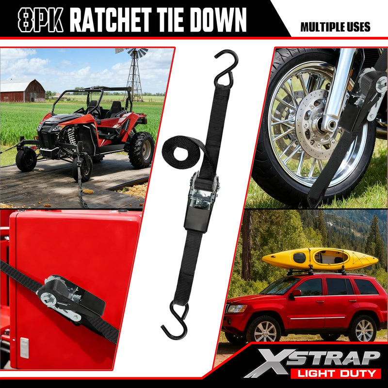 XSTRAP STANDARD Ratchet Tie Down Straps 8PK 1'' x 10 ft - 900 LB Break Strength Cargo Straps for Moving Appliances, Lawn Equipment, Motorcycle (Black) 8pk 1inchx10ft Black