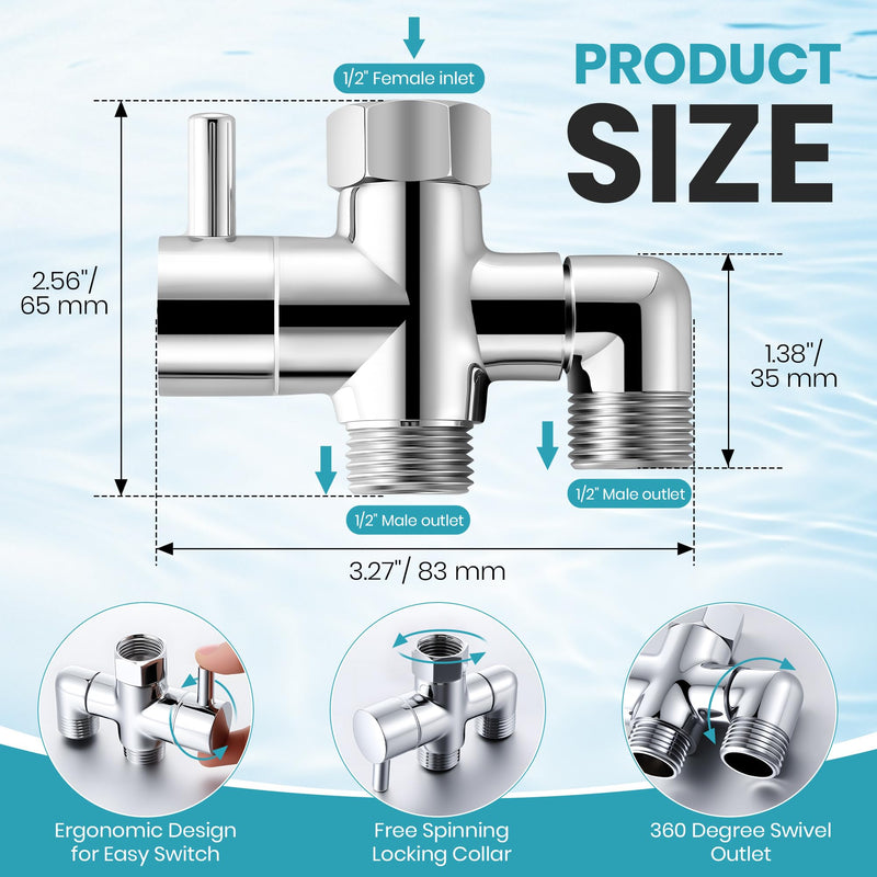 Dreyoo 3 Way Shower Arm Diverter Valve Kit, Solid Brass G1/2 Universal Shower Diverter for Handheld & Fixed Spray Head with 59" Stainless Steel Hose, Bathroom System Component, Plumber Tape, Chrome