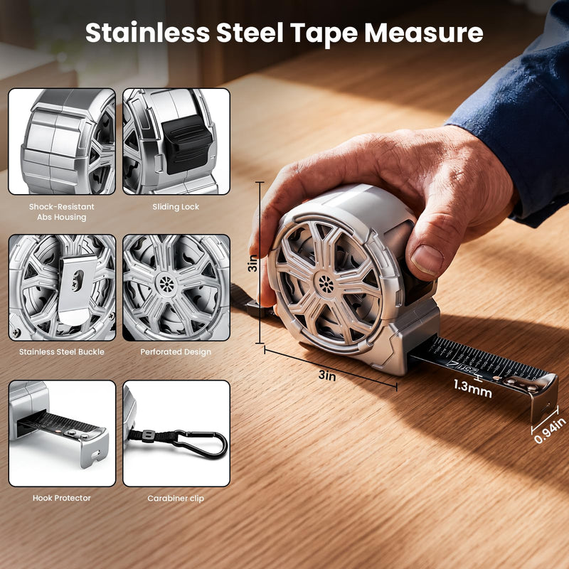 25FT Tape Measure – High Precision Stainless Steel Retractable Measuring Tape, Rustproof & Dust-Proof, for Construction, Carpentry, Framing, Flooring, Plumbing, Electrical