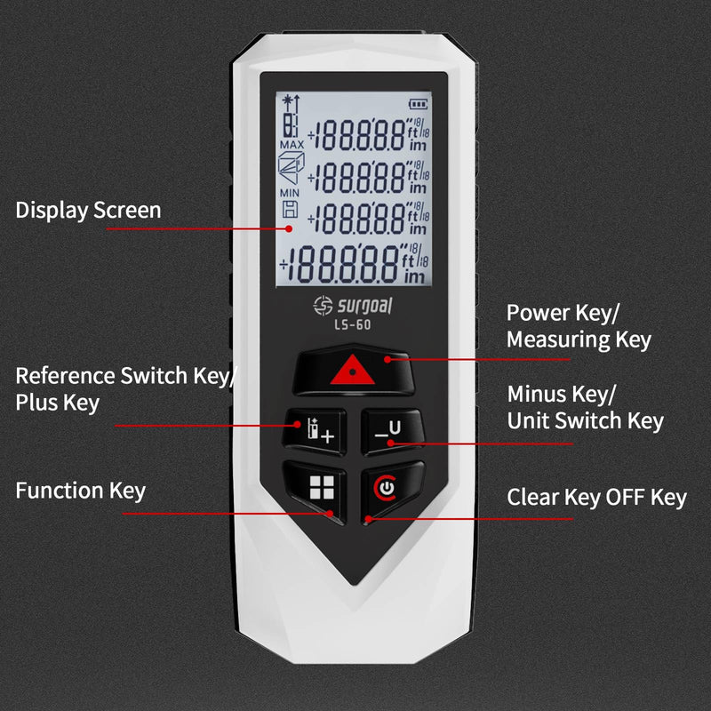 Laser Measure High Accuracy 196/328ft Digital Laser Distance Meter LCD Backlit for Measuring Pythagorean Area Volume Mode Portable Durable One Size 60M/196FT