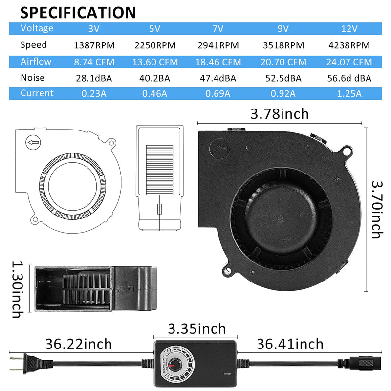97mm 12V IP68 Waterproof Small Powered Blower Fan 97mm x 33mm Inflatable Replacement Fan Speed Controller 3V-12V 1600-4000RPM Variable Speed 9733